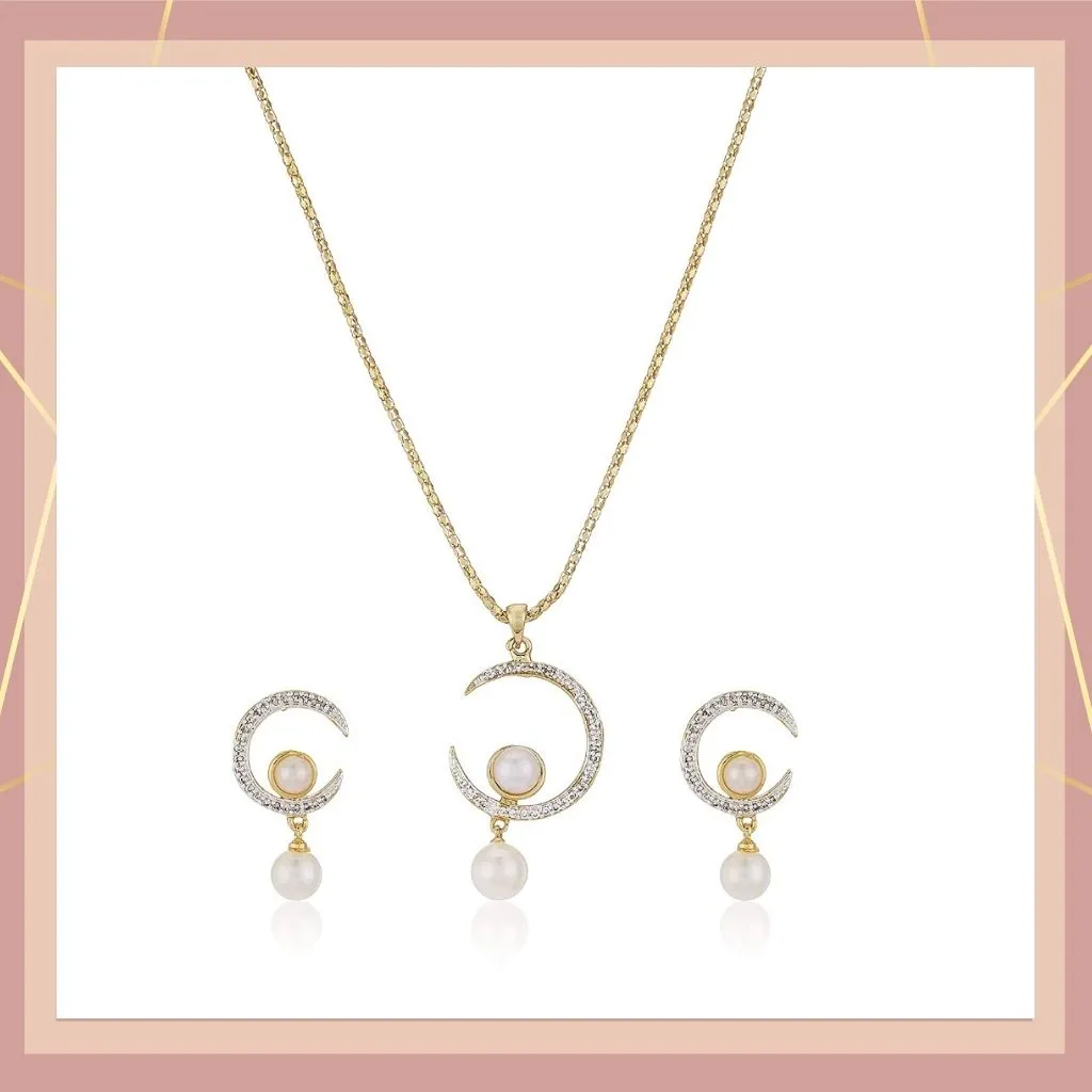 Estele Gold Plated Crescent Shaped Pendant Set with American Diamonds and Pearl Drop for Women / Girls