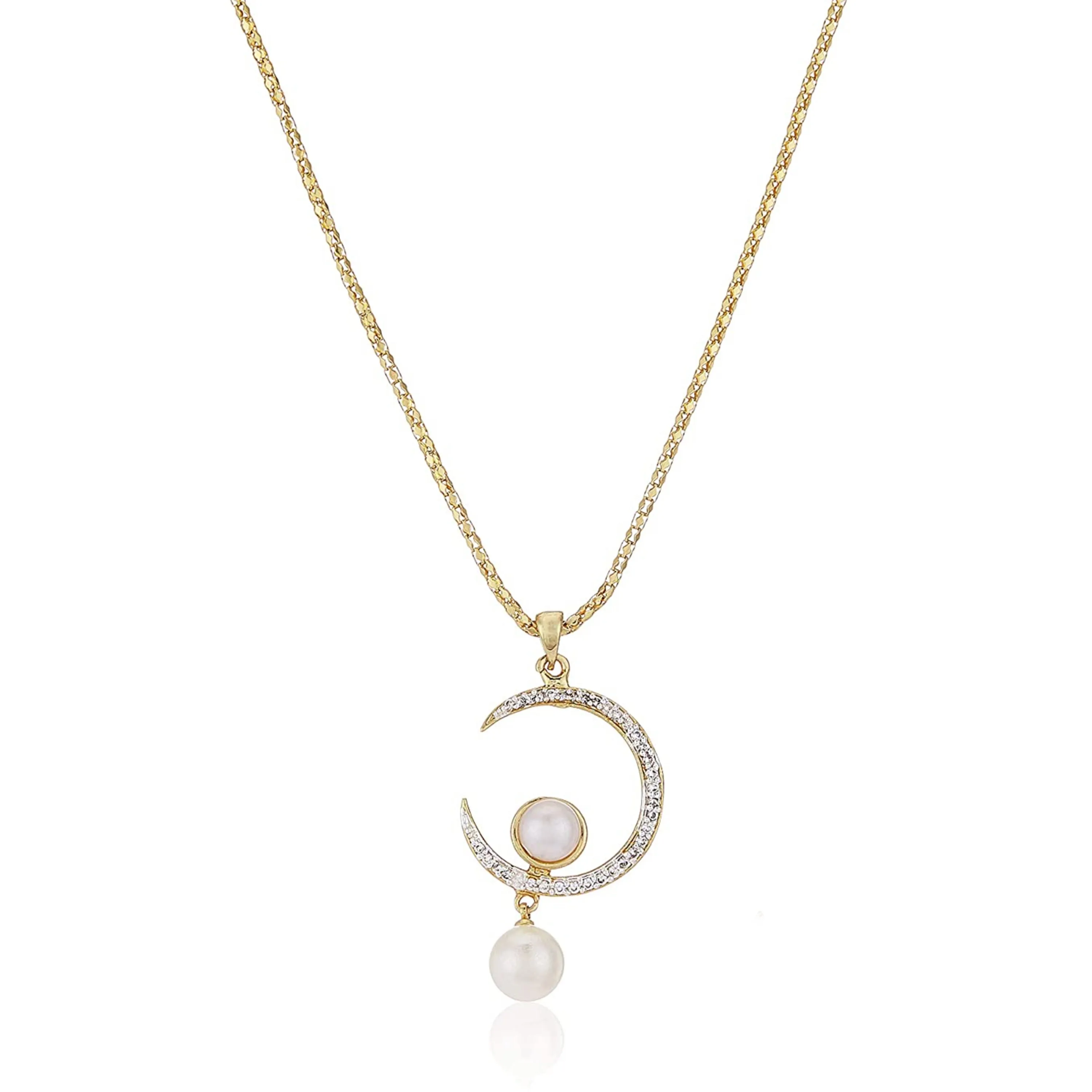 Estele Gold Plated Crescent Shaped Pendant Set with American Diamonds and Pearl Drop for Women / Girls