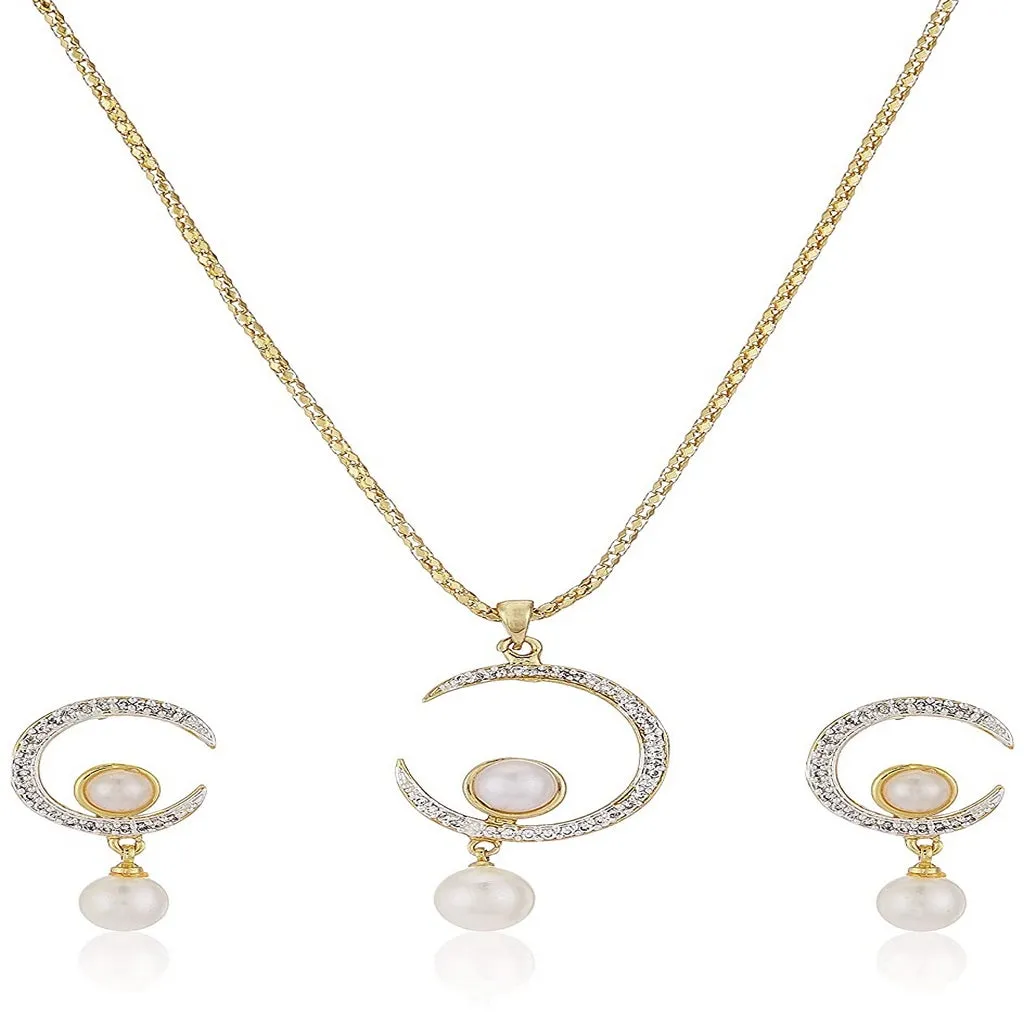 Estele Gold Plated Crescent Shaped Pendant Set with American Diamonds and Pearl Drop for Women / Girls