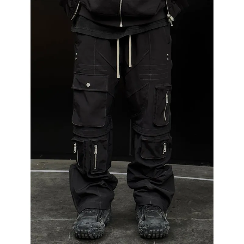 F2CE Nylon Multi Pocket Micro Flare Straight Leg Zipper Pants