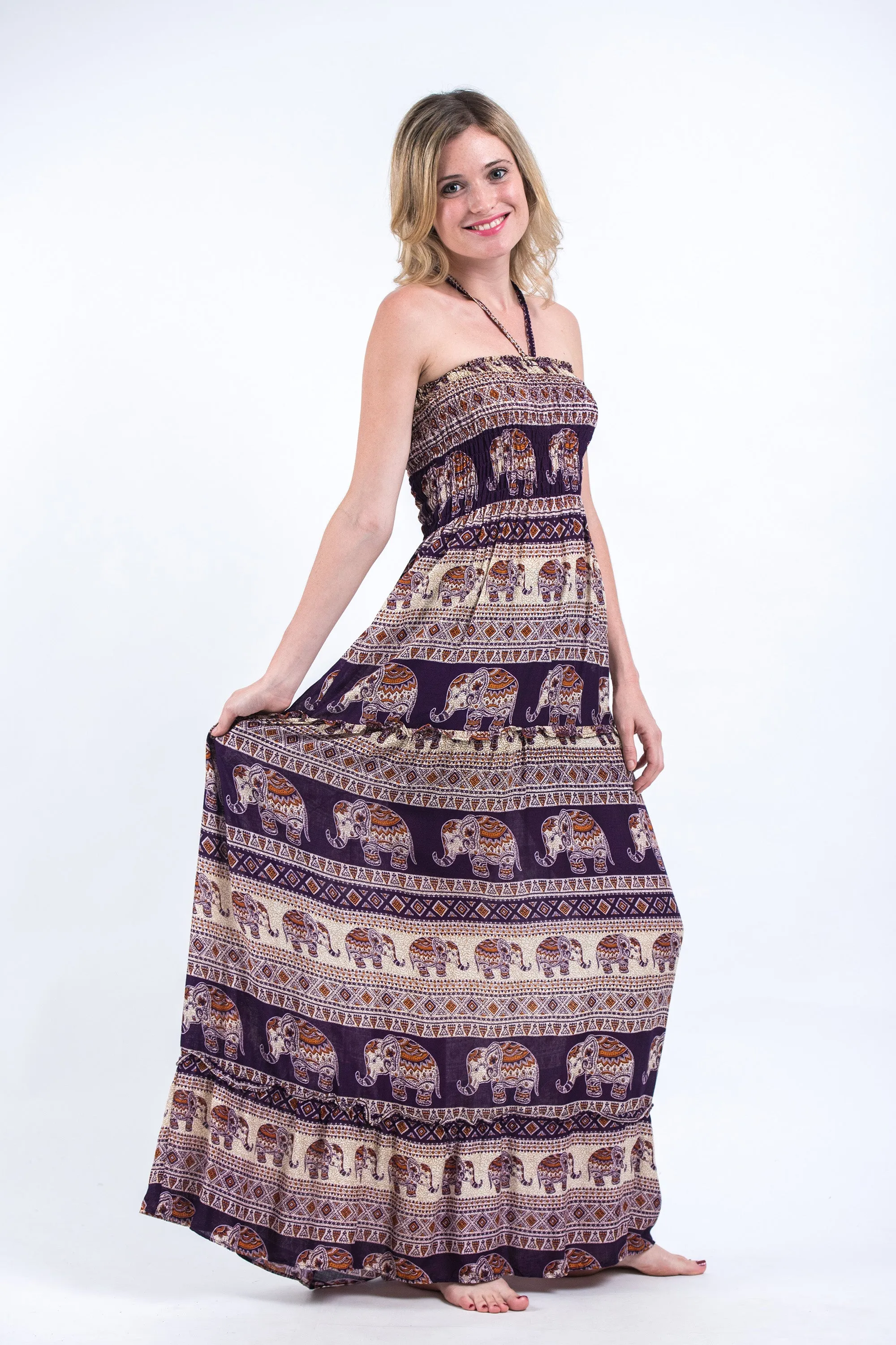 Festive Elephants Smocked Bandeau Maxi Dress in Purple