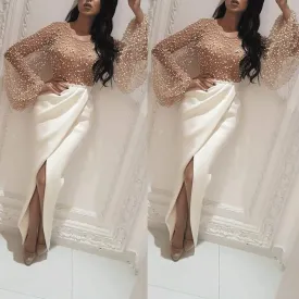 flare sleeve beaded evening dresses long mermaid peals ivory modest cheap formal dresses casemento