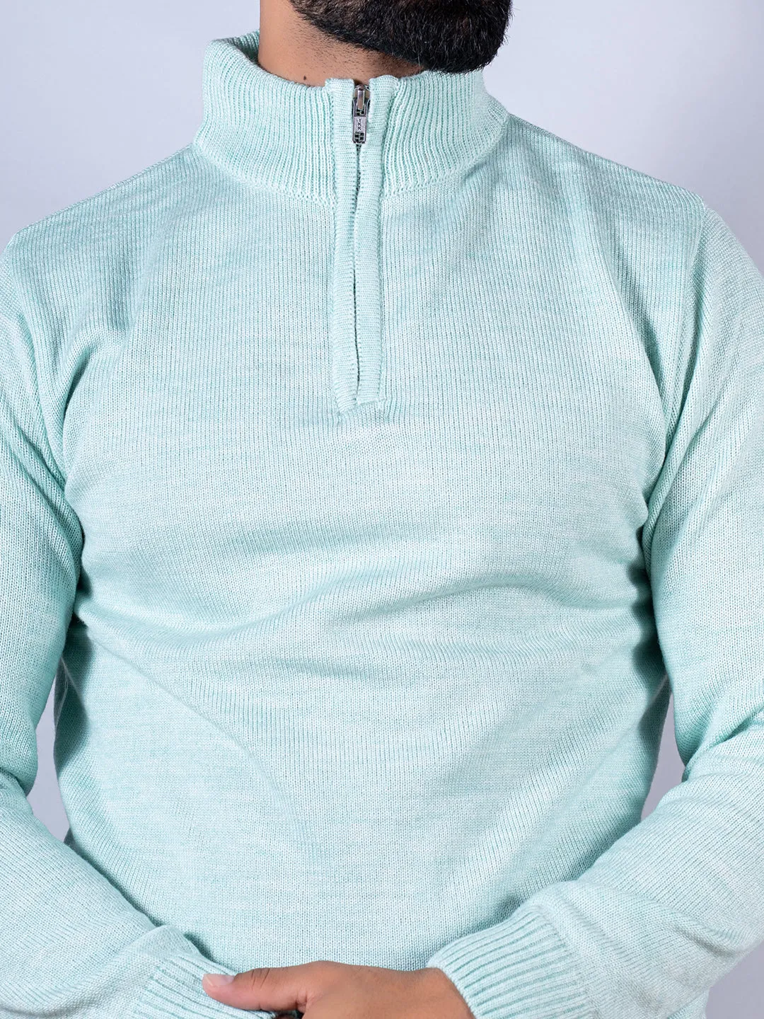 Green Color Classic Zipper Sweater