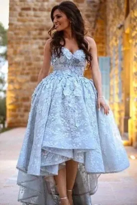 high low prom dresses 2020 lace appliqué blue elegant sweetheart neck floral prom gown 2021