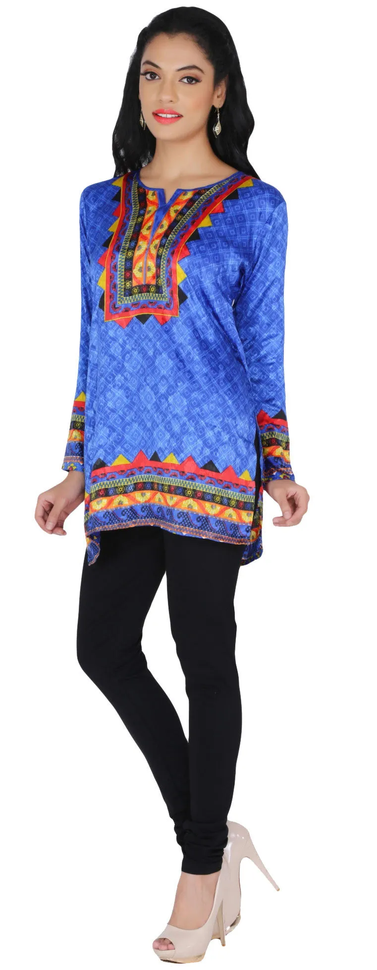 India Long Tunic Top Kurti Womens Printed Indian Apparel (Blue)