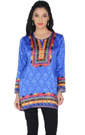 India Long Tunic Top Kurti Womens Printed Indian Apparel (Blue)