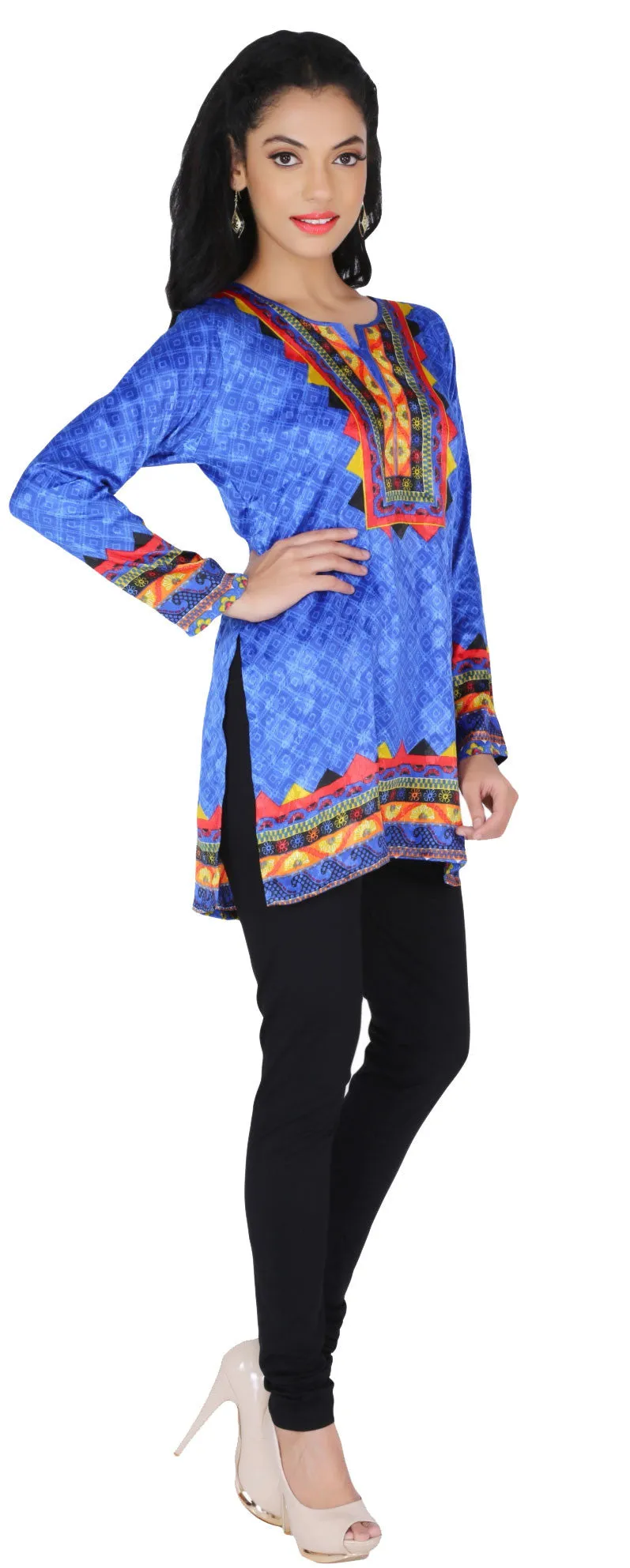 India Long Tunic Top Kurti Womens Printed Indian Apparel (Blue)