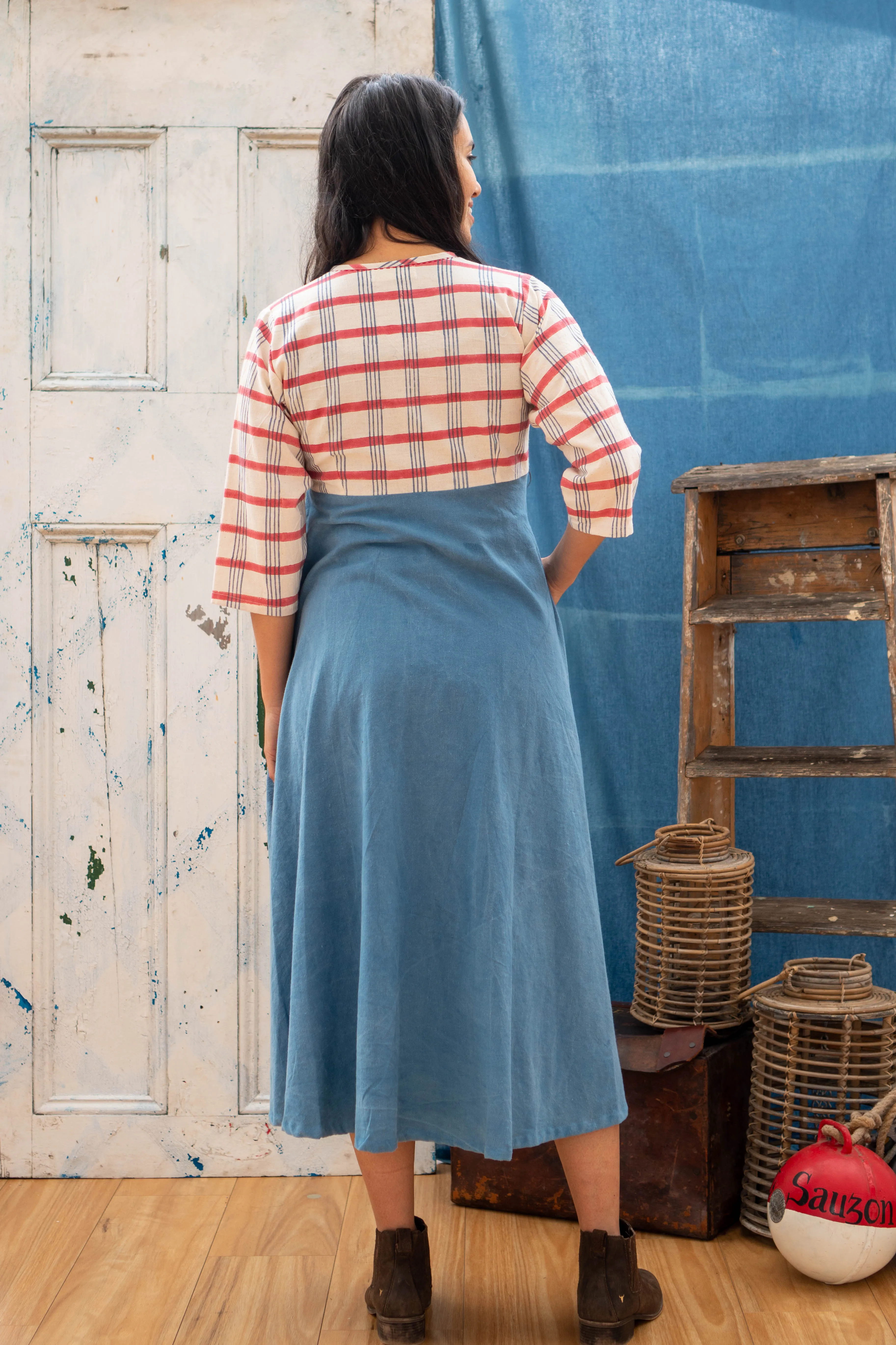 Indian Wrap Dress - Check Mate Blockprint Bust with Indigo Skirt