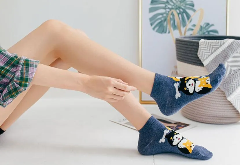 Kawaii Cute Ankle Socks - Puppies Navy Blue