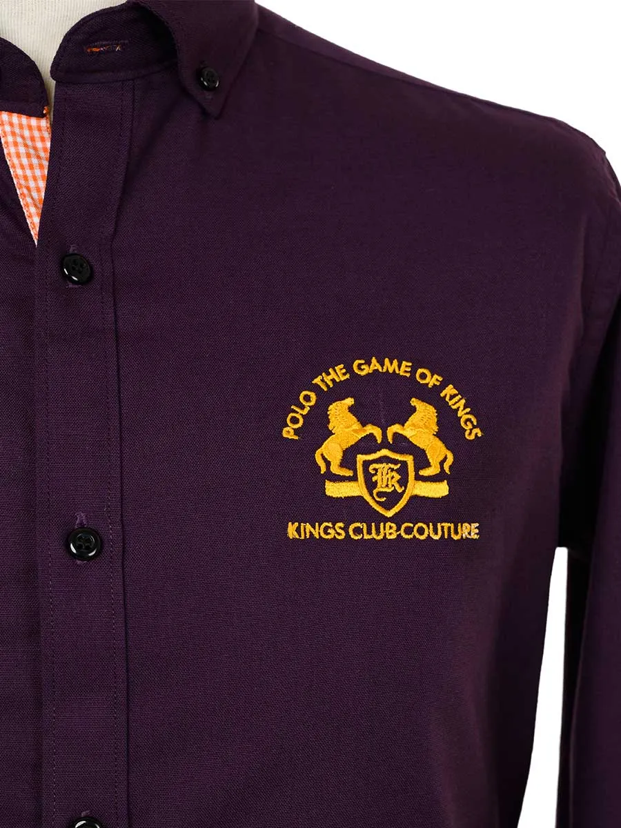 Kings Club Couture Shirt Button Down Regular Fit Game of Kings Bordeaux Woven Cotton Blend with Embroidered Logo KCSHG002