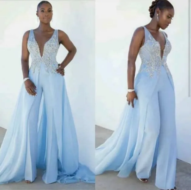 lace applique beaded jumpsuits for women 2020 blue v neck elegant pants for weddings with skirt