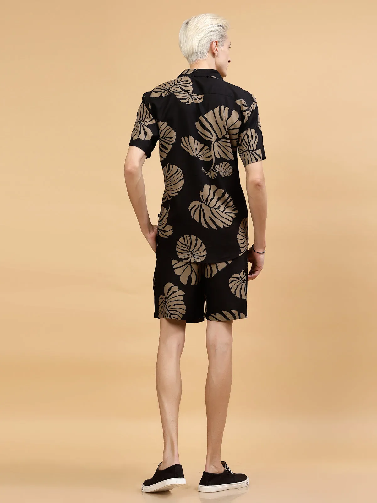 Leaf Print Half Sleeves Cuban Collar Co-ords