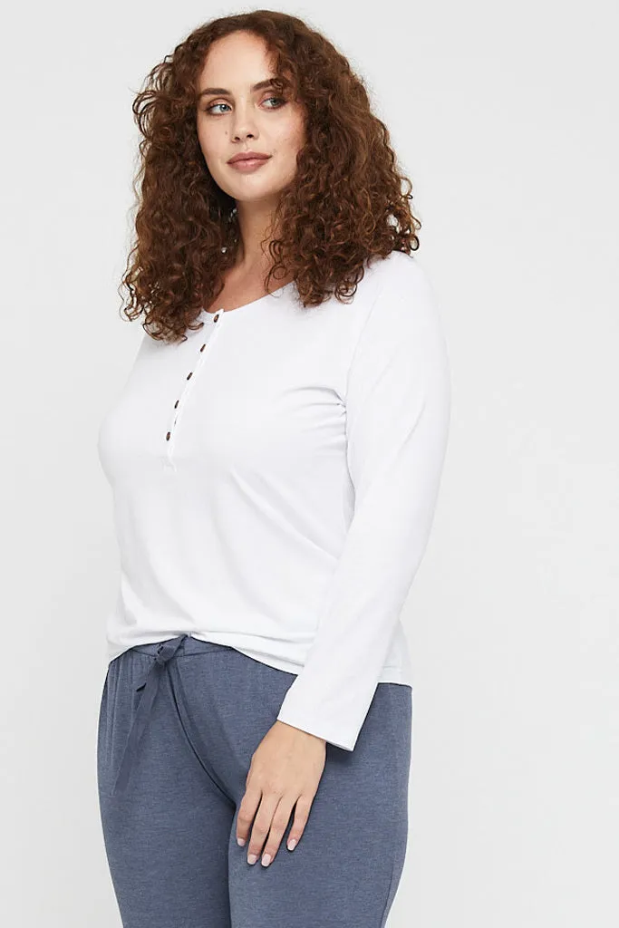 Long Sleeve Henley Top - White