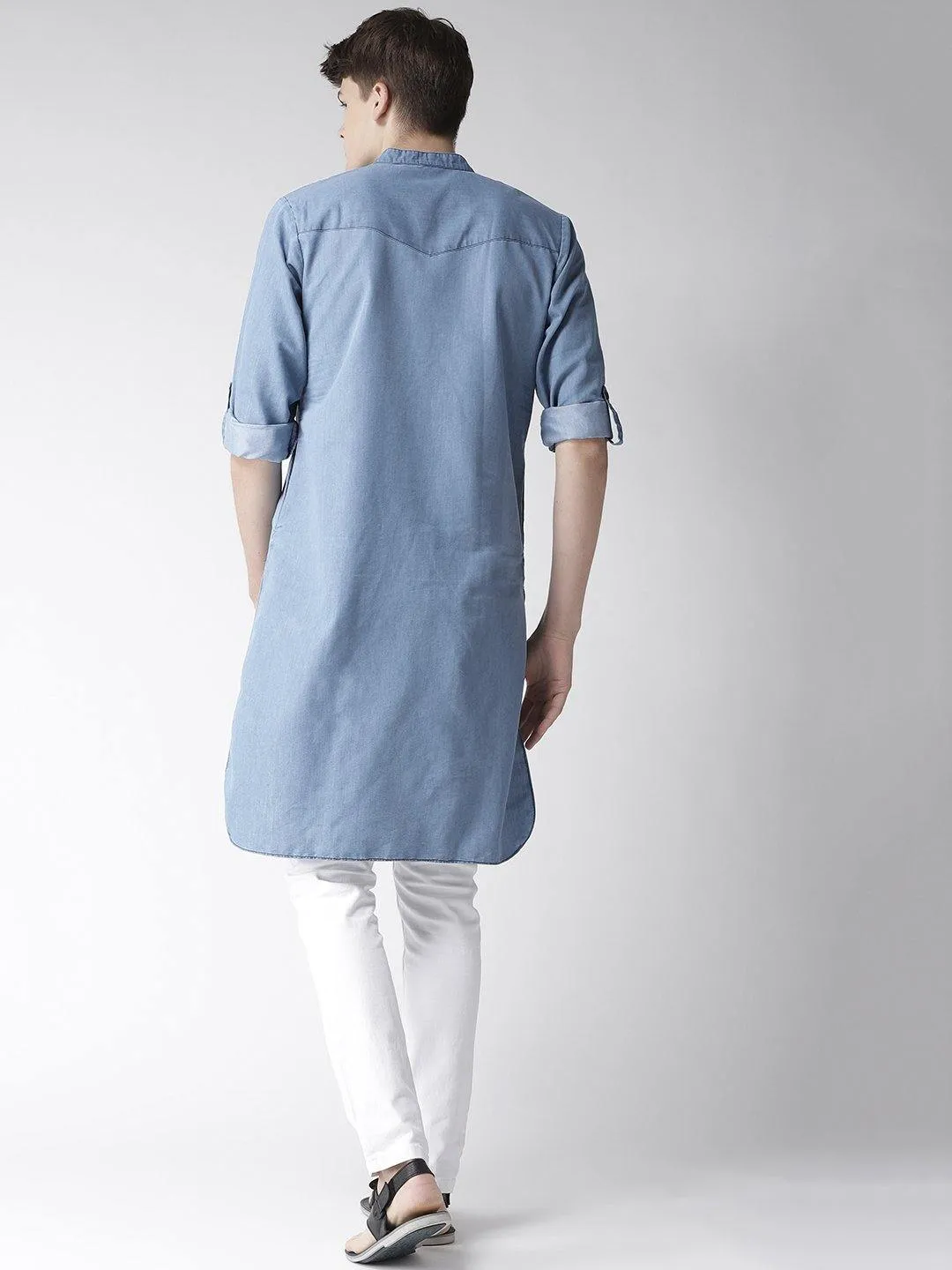 Men Blue Solid Denim Pathani Kurta