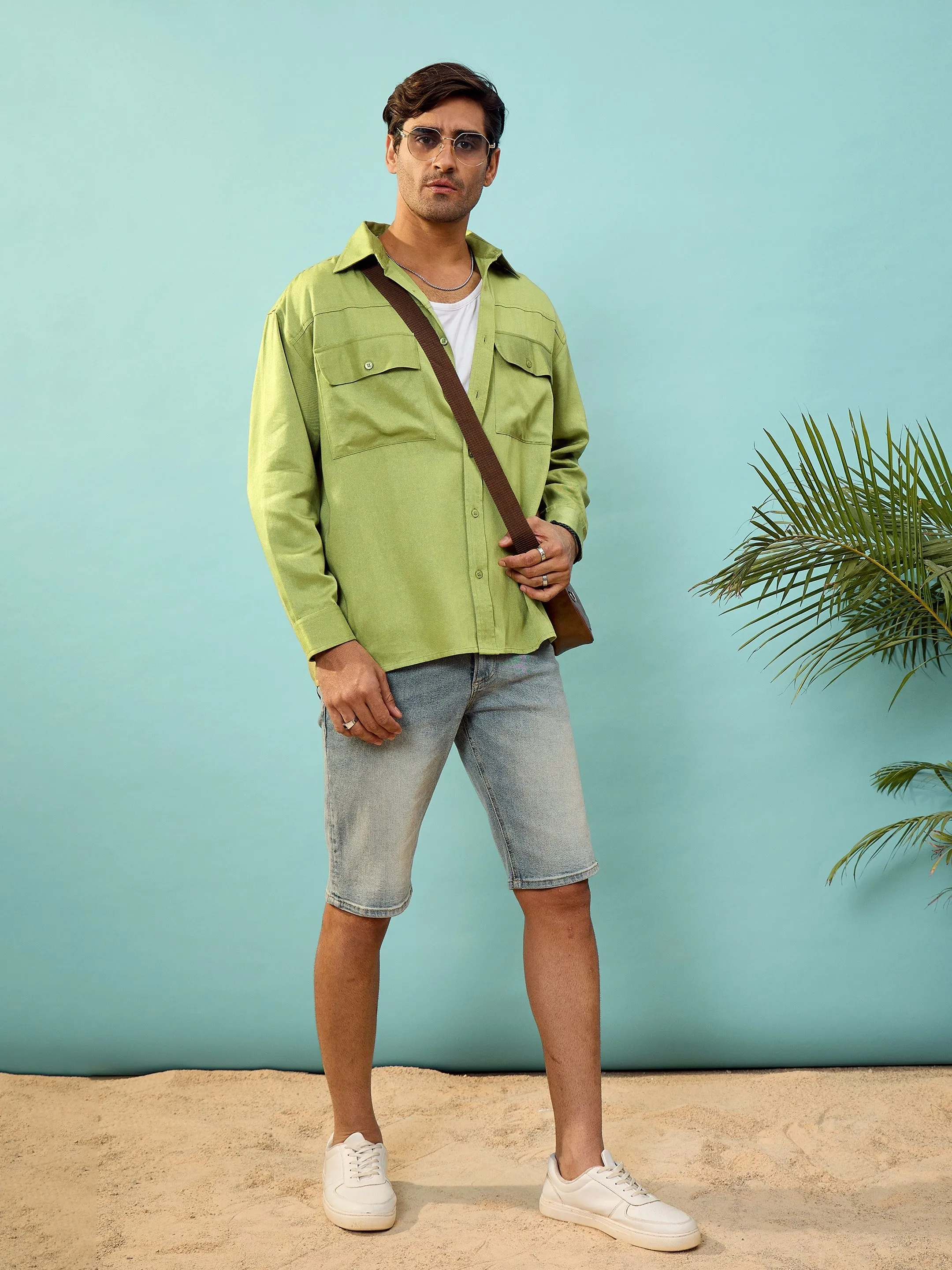 Men Green Twill Utility Pocket Oversize Shirt