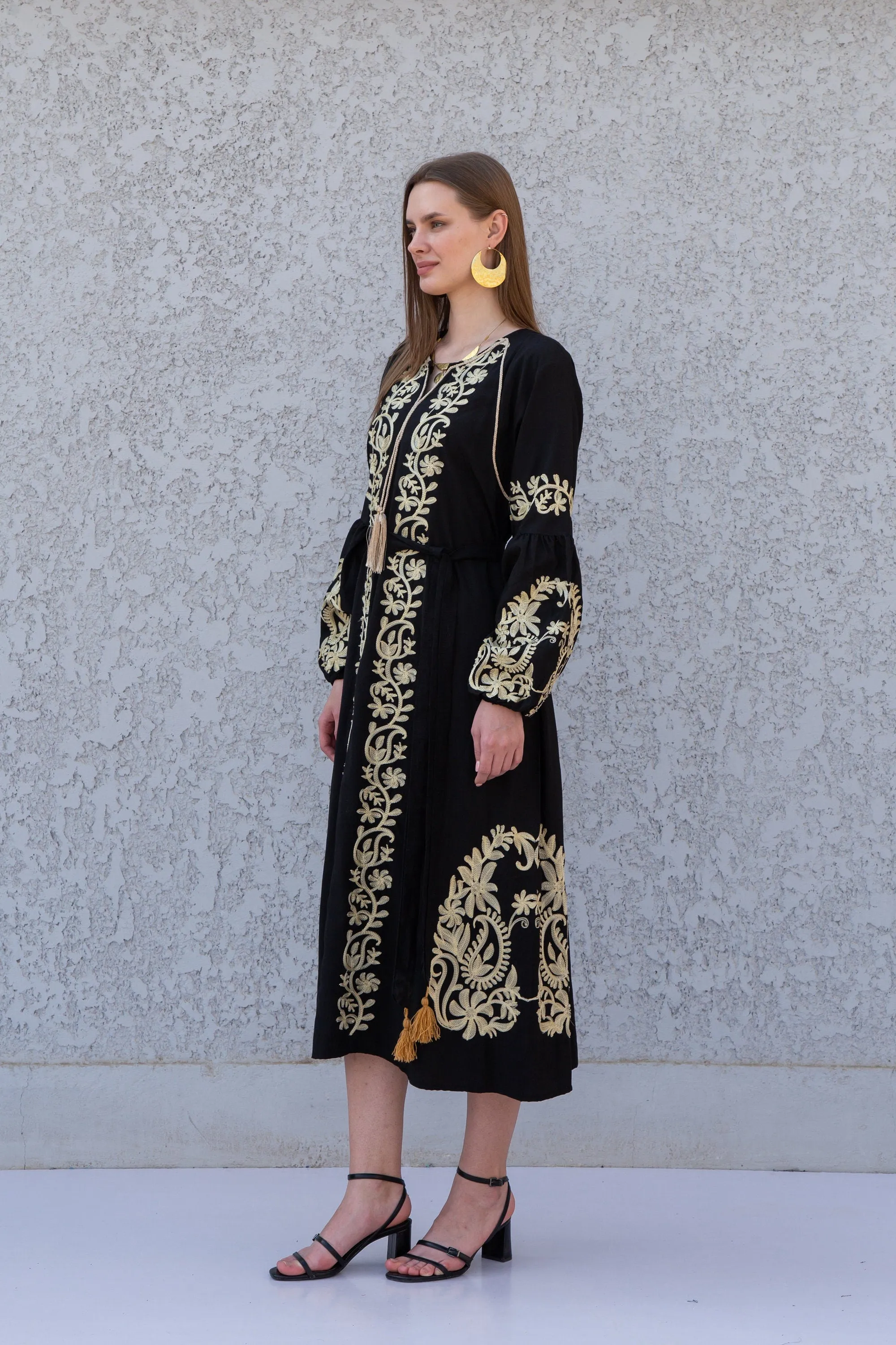 Midi Black cotton kaftan dress, embroidered tunic dress, caftans for women, Egyptian cotton. Summer caftan, party, casual, home dress