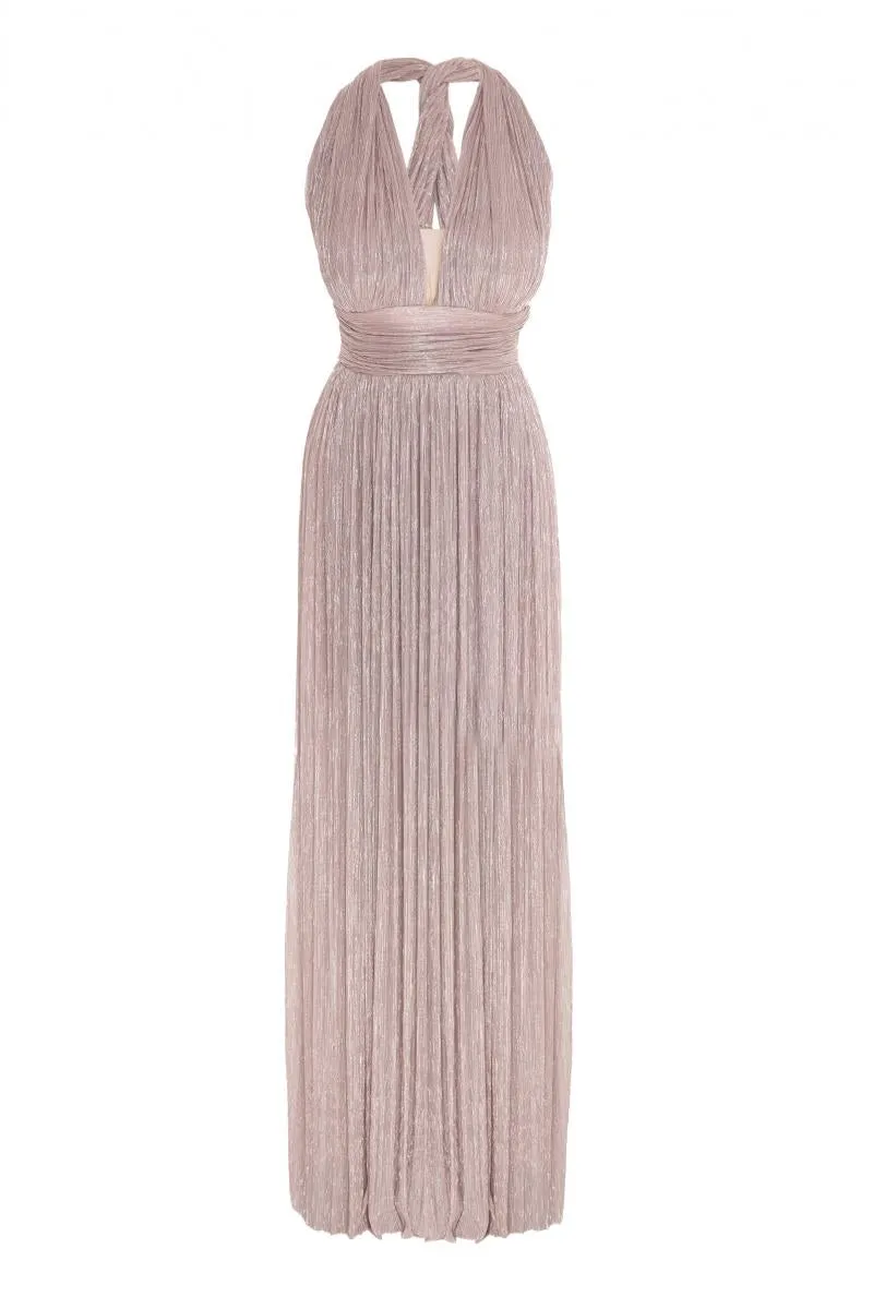 Moonlight Metallic Rope Halter Sleeve Long Dress - Powder