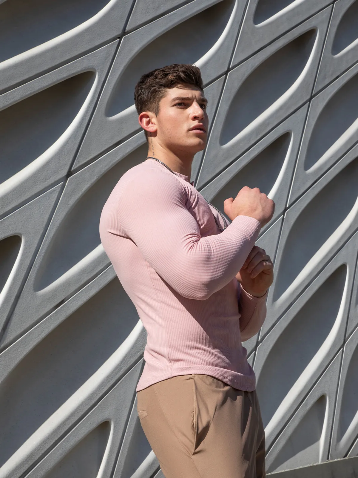 Muscle Fit V-Neck Long Sleeve Cotton Rib Knit Tech T-Shirt