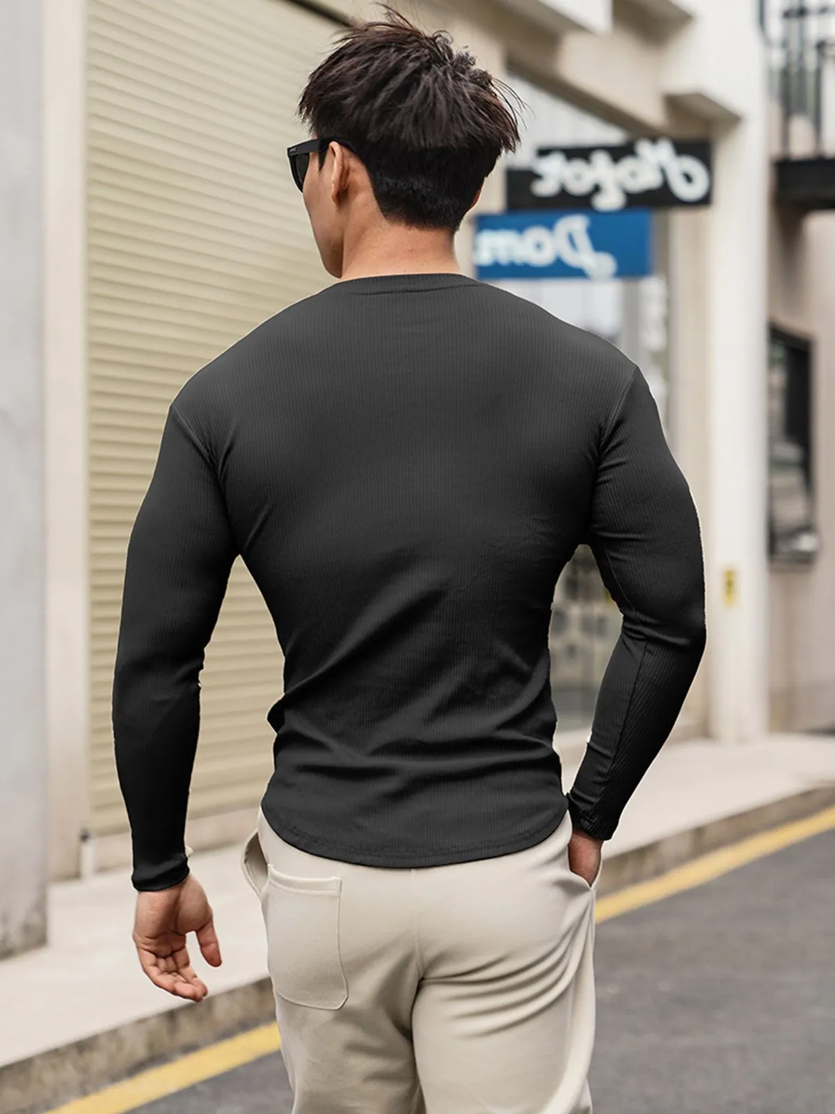 Muscle Fit V-Neck Long Sleeve Cotton Rib Knit Tech T-Shirt