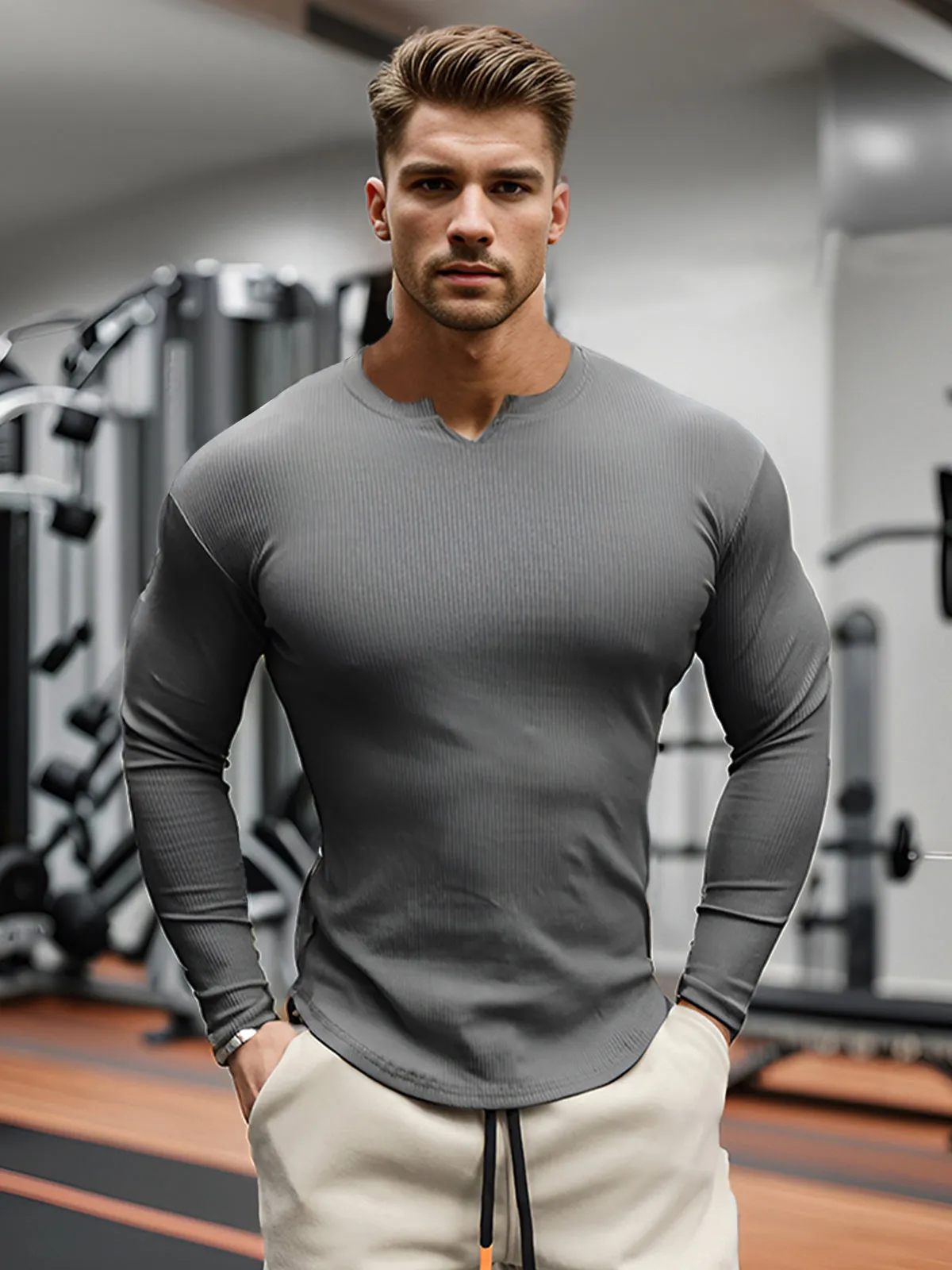 Muscle Fit V-Neck Long Sleeve Cotton Rib Knit Tech T-Shirt