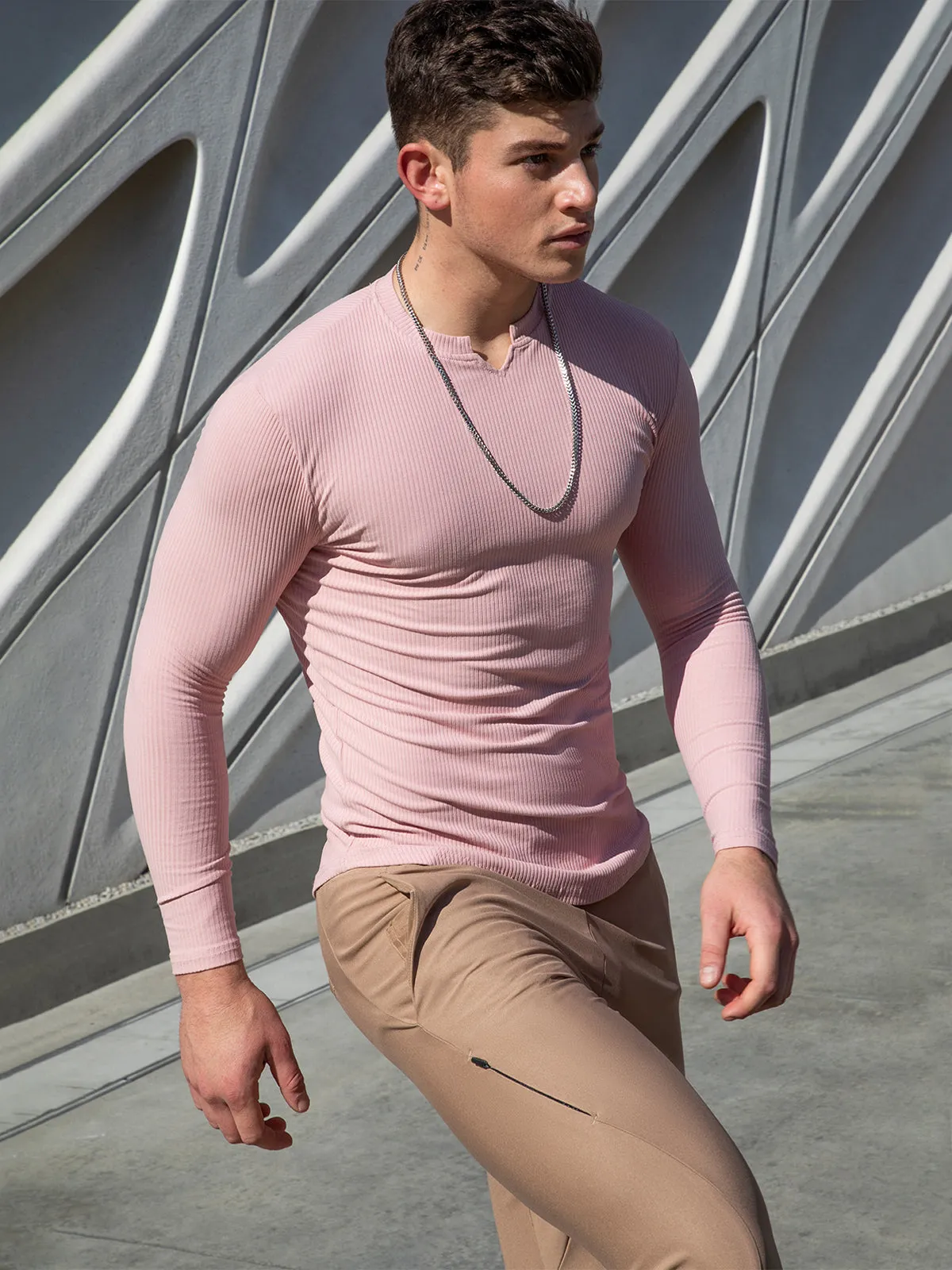 Muscle Fit V-Neck Long Sleeve Cotton Rib Knit Tech T-Shirt