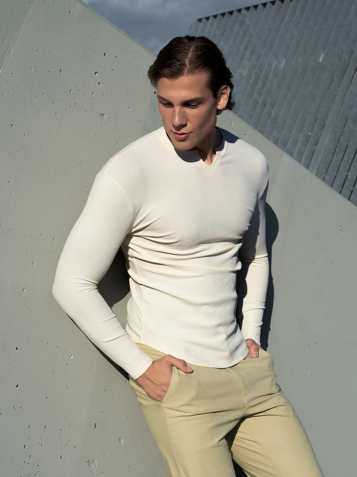 Muscle Fit V-Neck Long Sleeve Cotton Rib Knit Tech T-Shirt