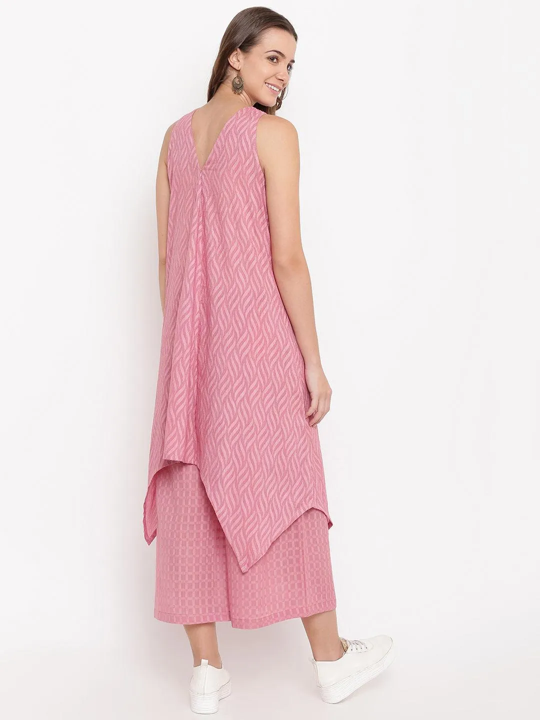 Pink Dobby V-Asymmetric Kurta-Palazzo