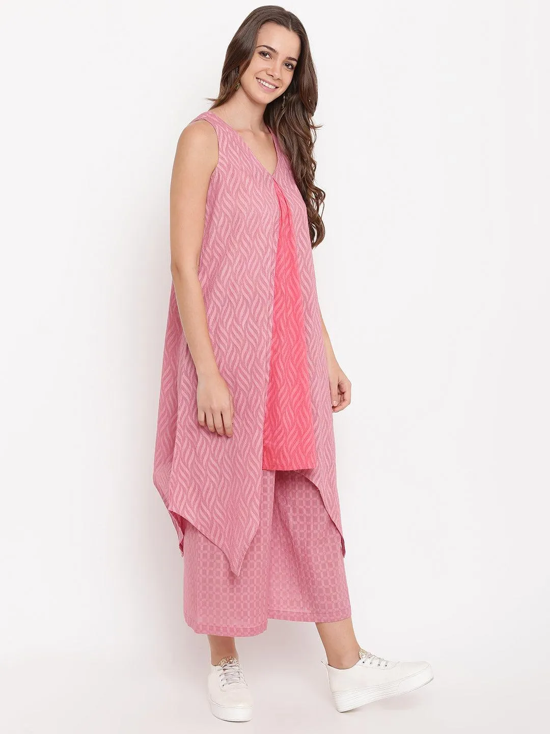 Pink Dobby V-Asymmetric Kurta-Palazzo