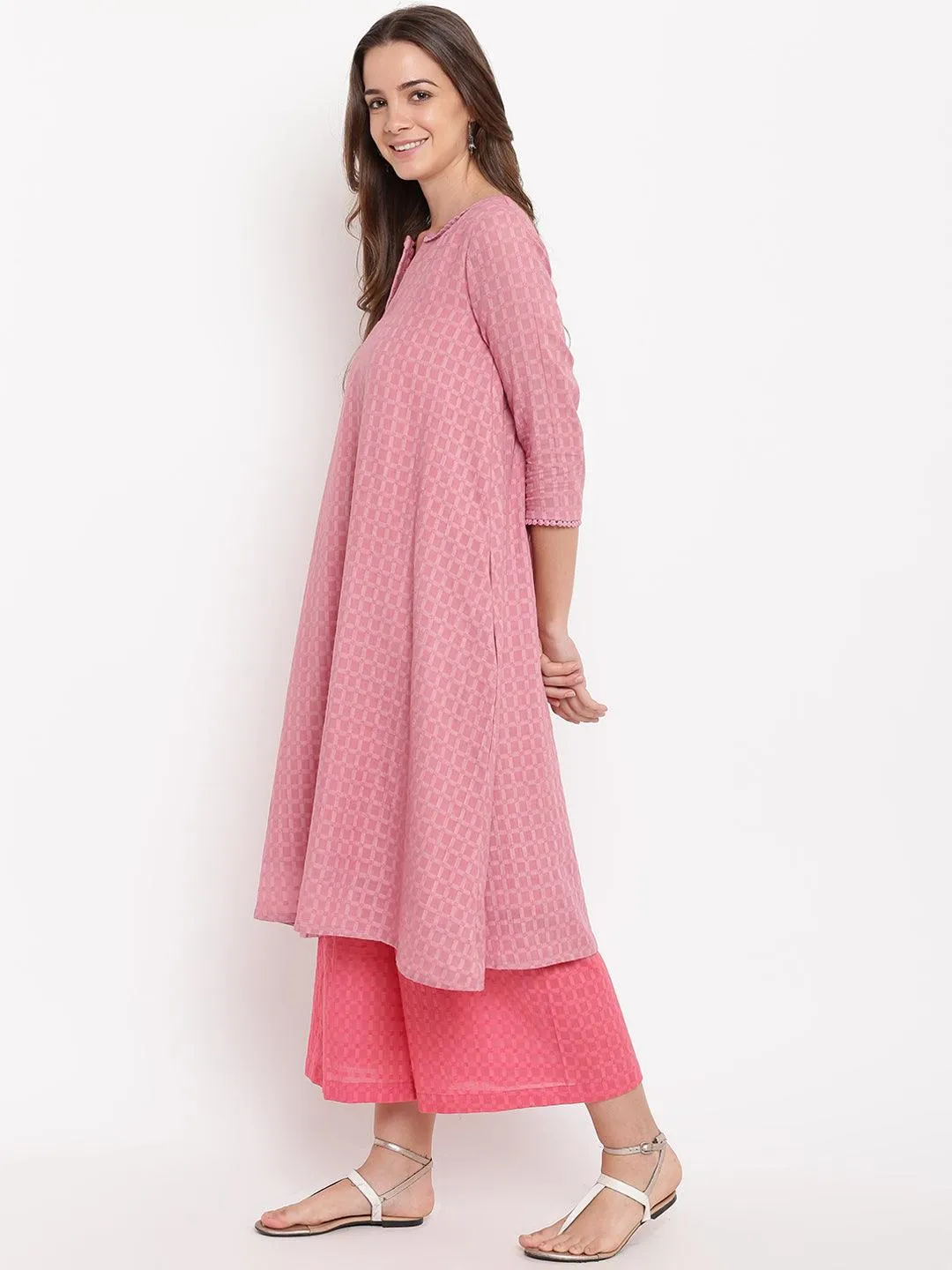 Pink Grid Dobby Kurta-Contrast Palazzo