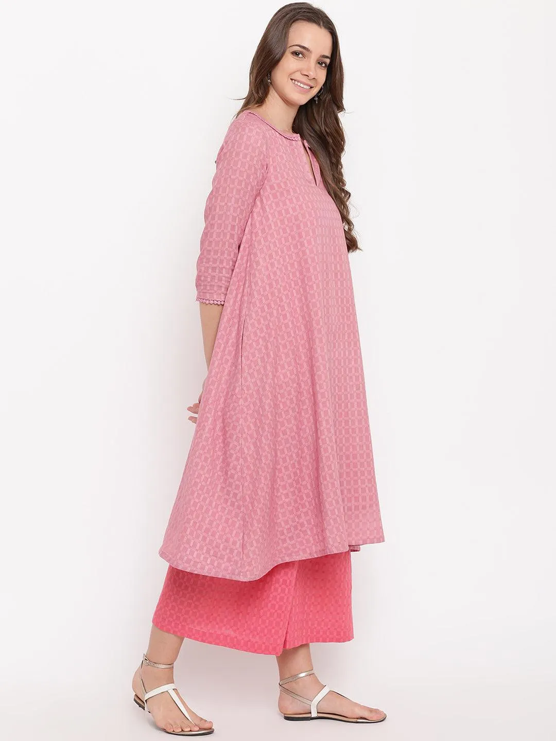 Pink Grid Dobby Kurta-Contrast Palazzo