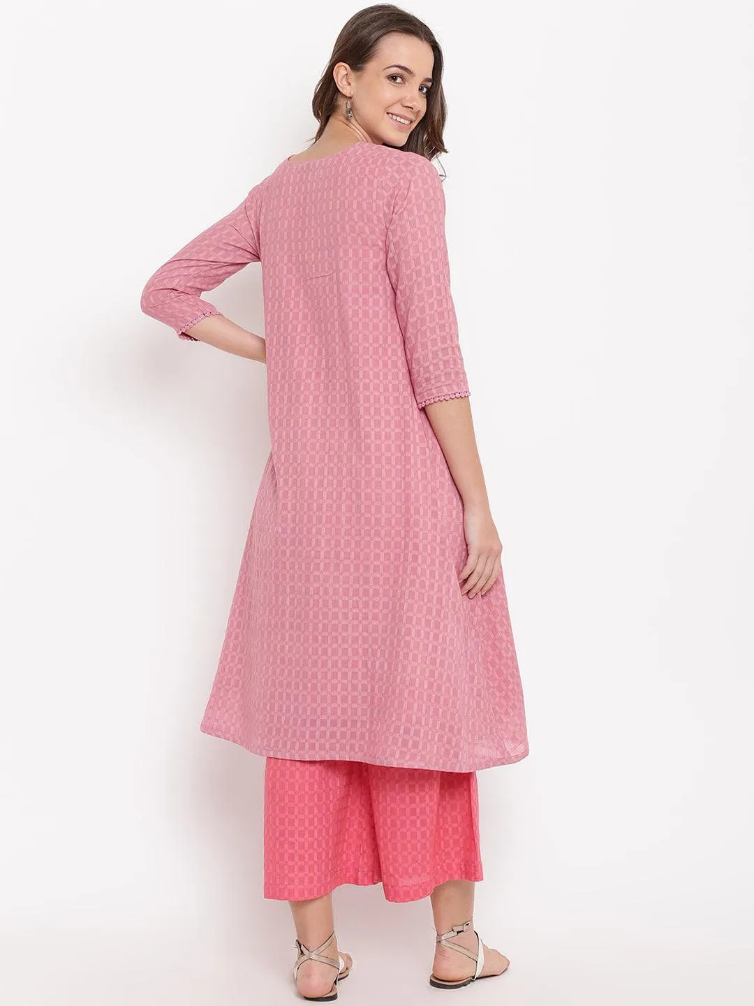 Pink Grid Dobby Kurta-Contrast Palazzo