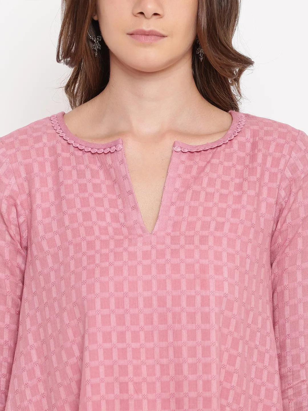 Pink Grid Dobby Kurta-Contrast Palazzo