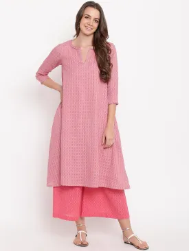 Pink Grid Dobby Kurta-Contrast Palazzo