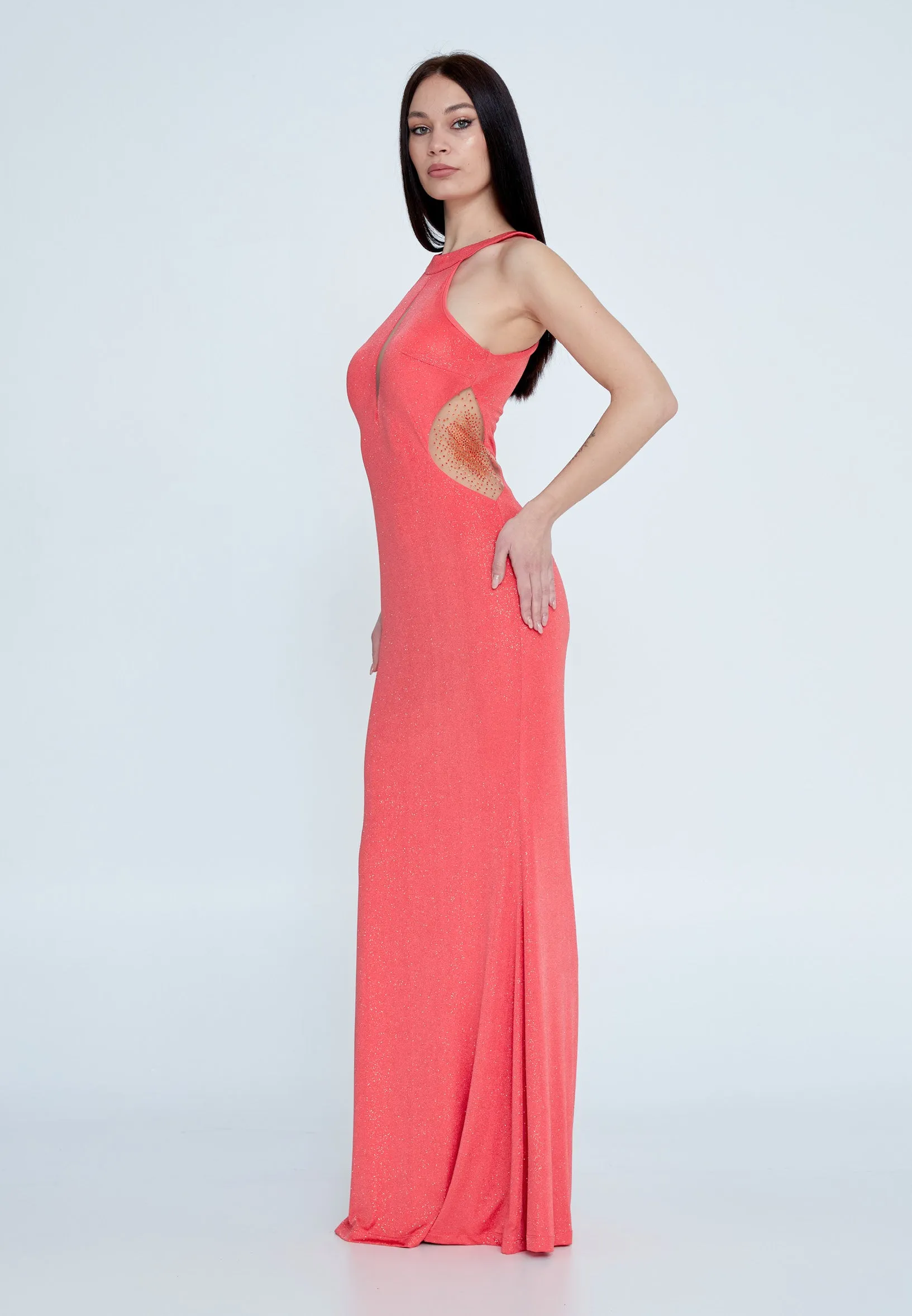 Stretchy long dress in coral