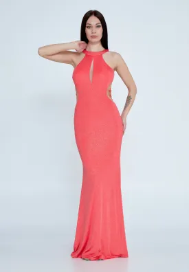 Stretchy long dress in coral