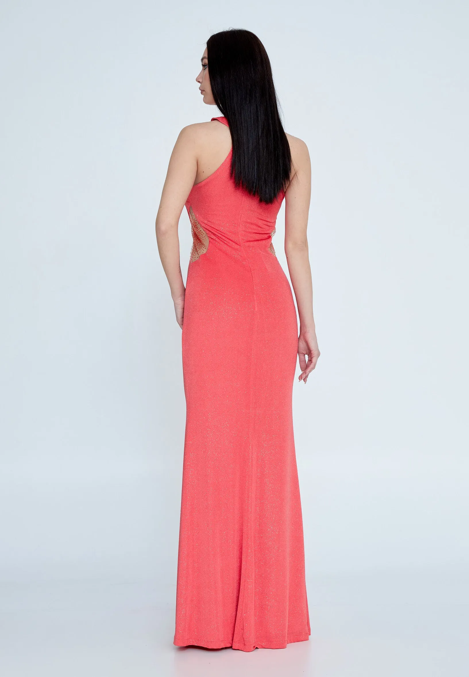 Stretchy long dress in coral