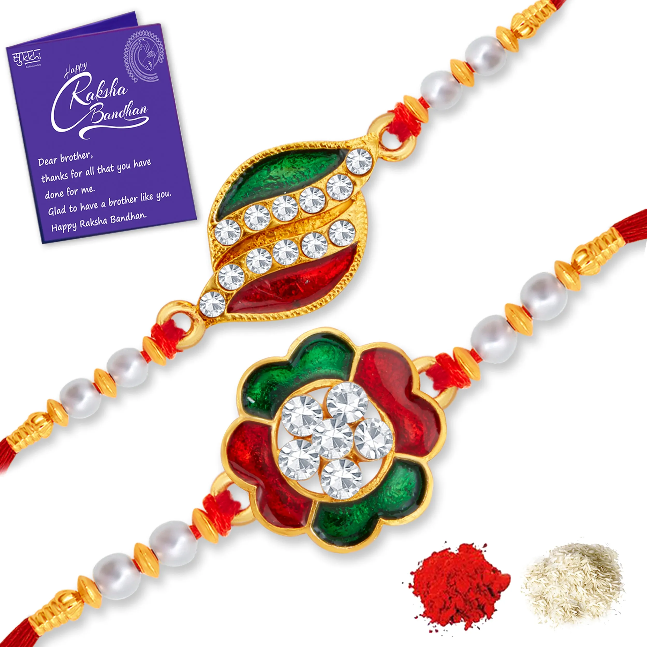 Sukkhi Amazing Gold Plated Floral Meenakari Rakhi Combo (Set of 2) with Roli Chawal and Raksha Bandhan Greeting Card For Men