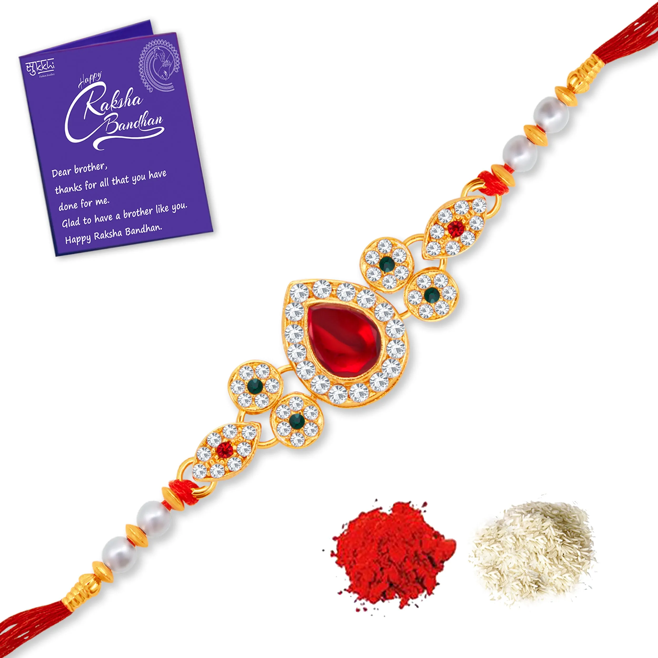 Sukkhi Amazing Gold Plated Pear Rakhi with Roli Chawal and Raksha Bandhan Greeting Card For Men