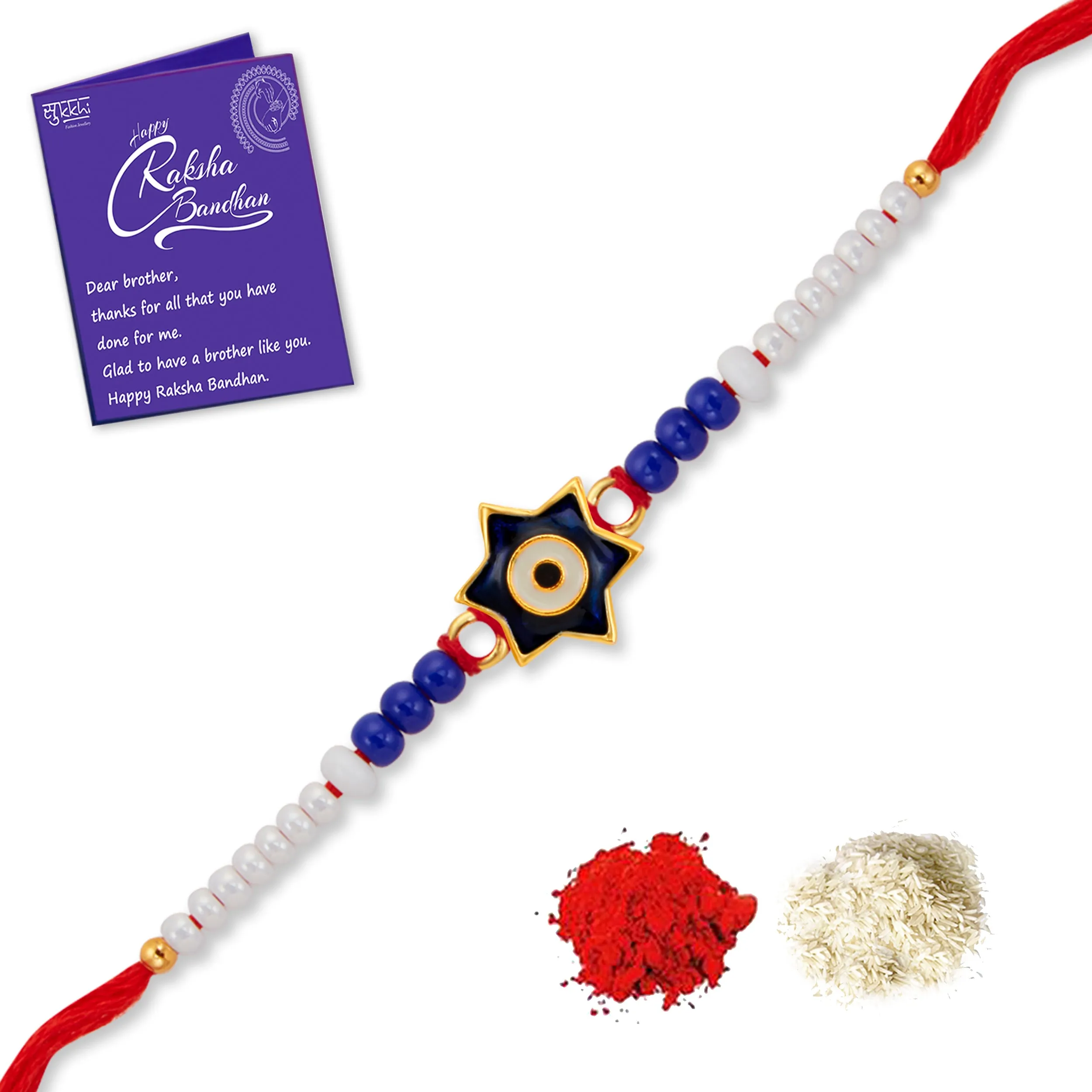 Sukkhi Amazing Gold Plated Star Evil Eye Rakhi with Roli Chawal and Raksha Bandhan Greeting Card For Men