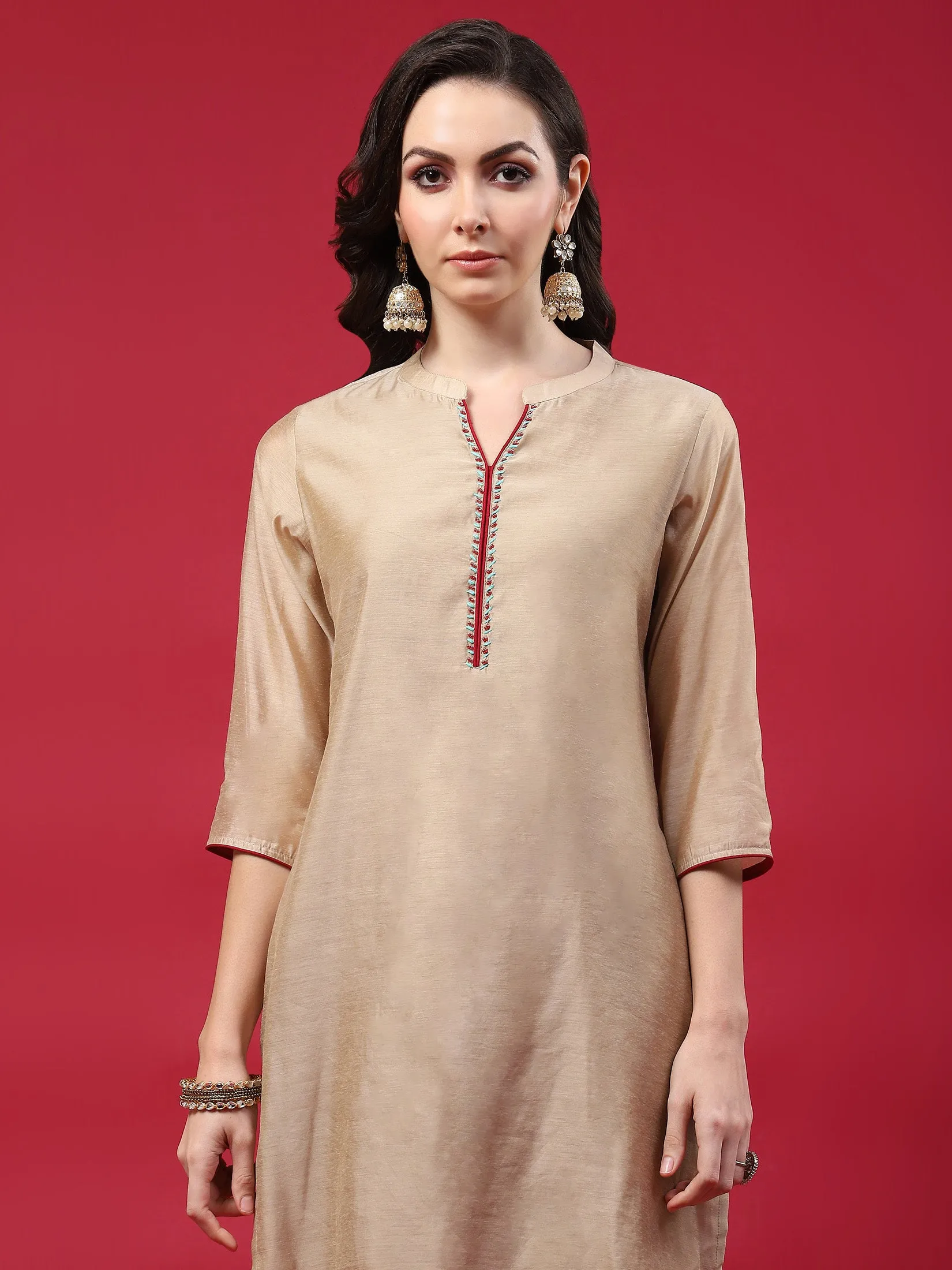 Women Beige Solid Kurta Trouser Dupatta