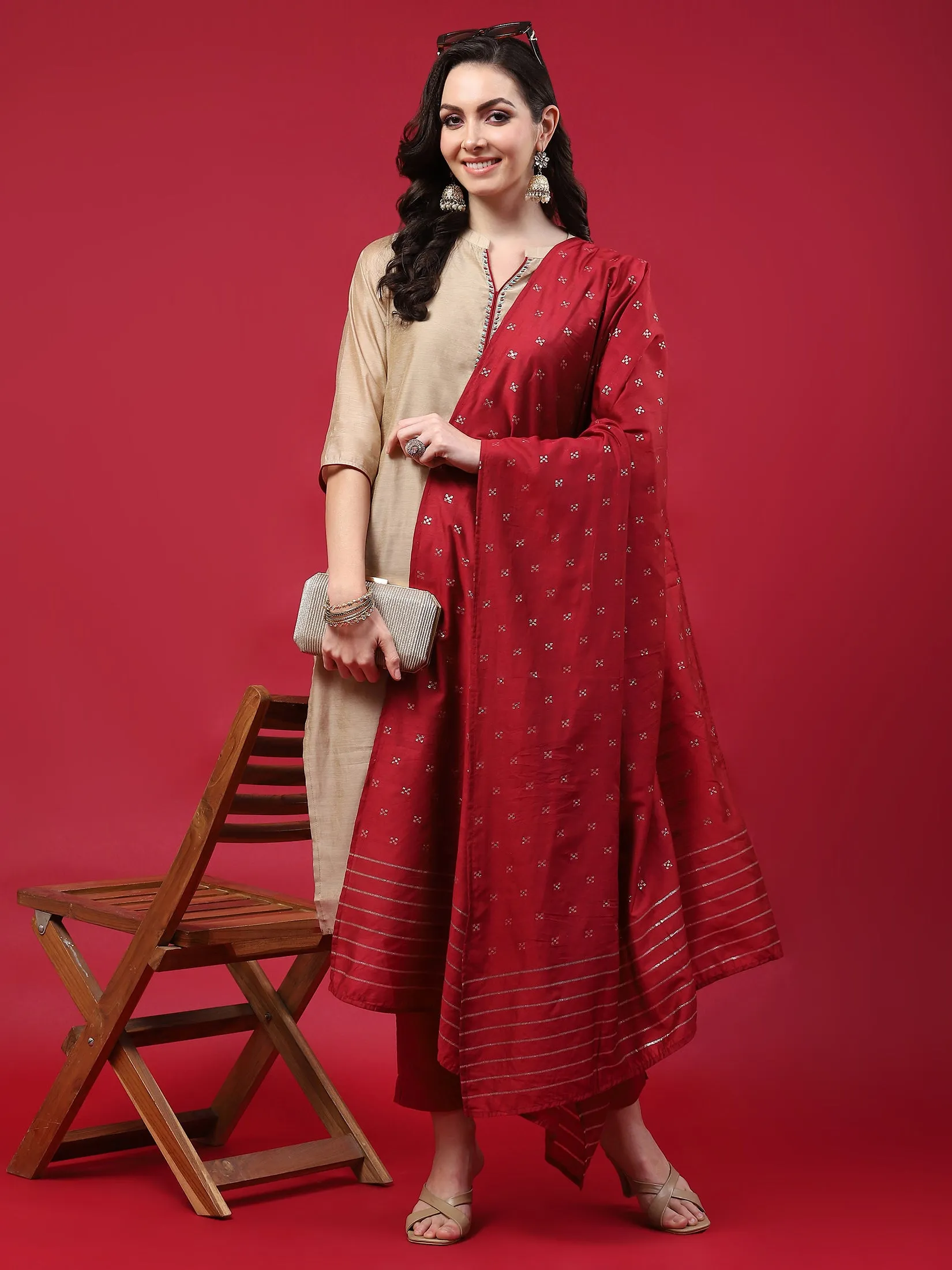 Women Beige Solid Kurta Trouser Dupatta