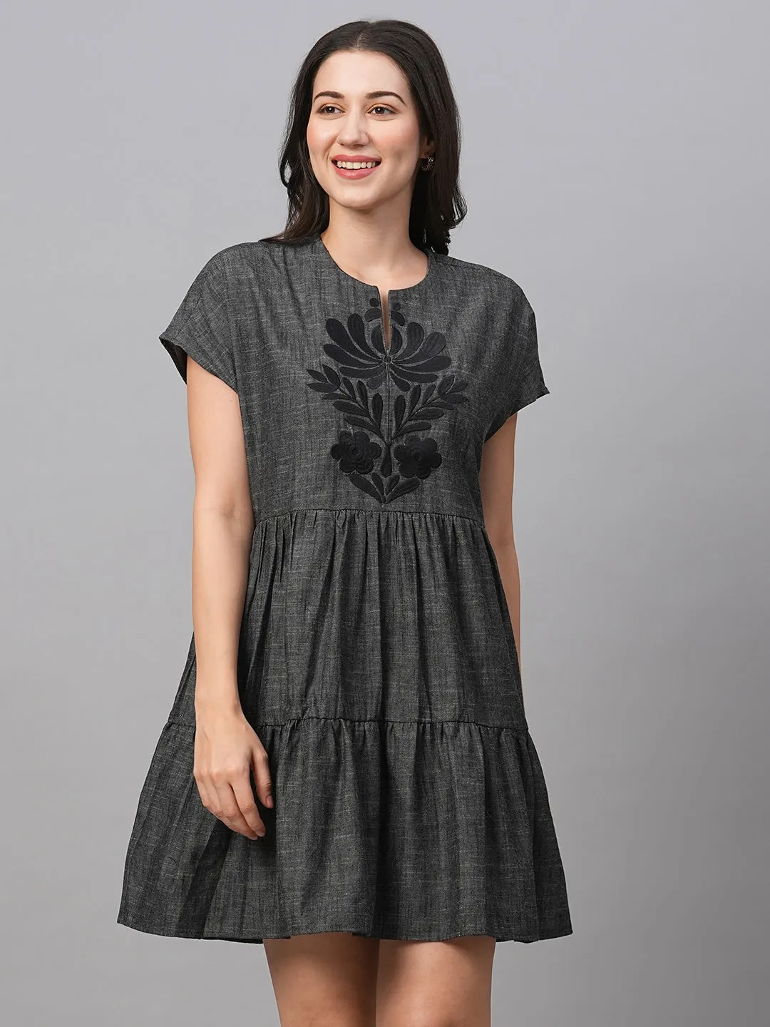 Women's Black Cotton Tiered Dress