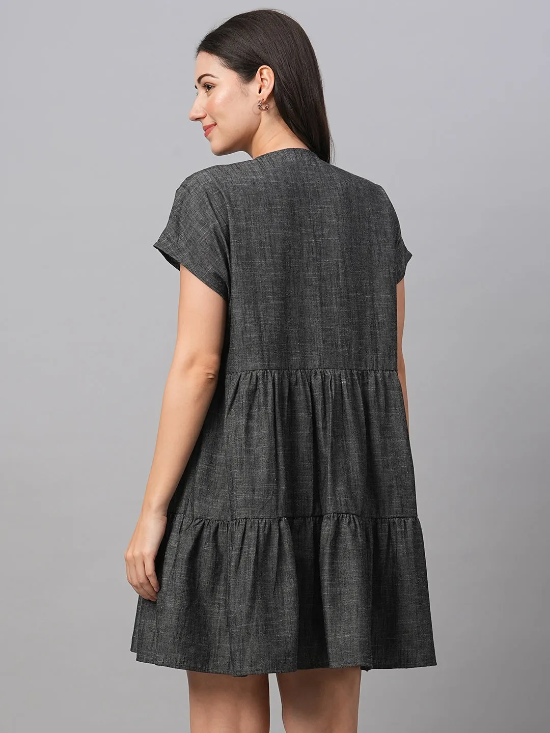 Women's Black Cotton Tiered Dress