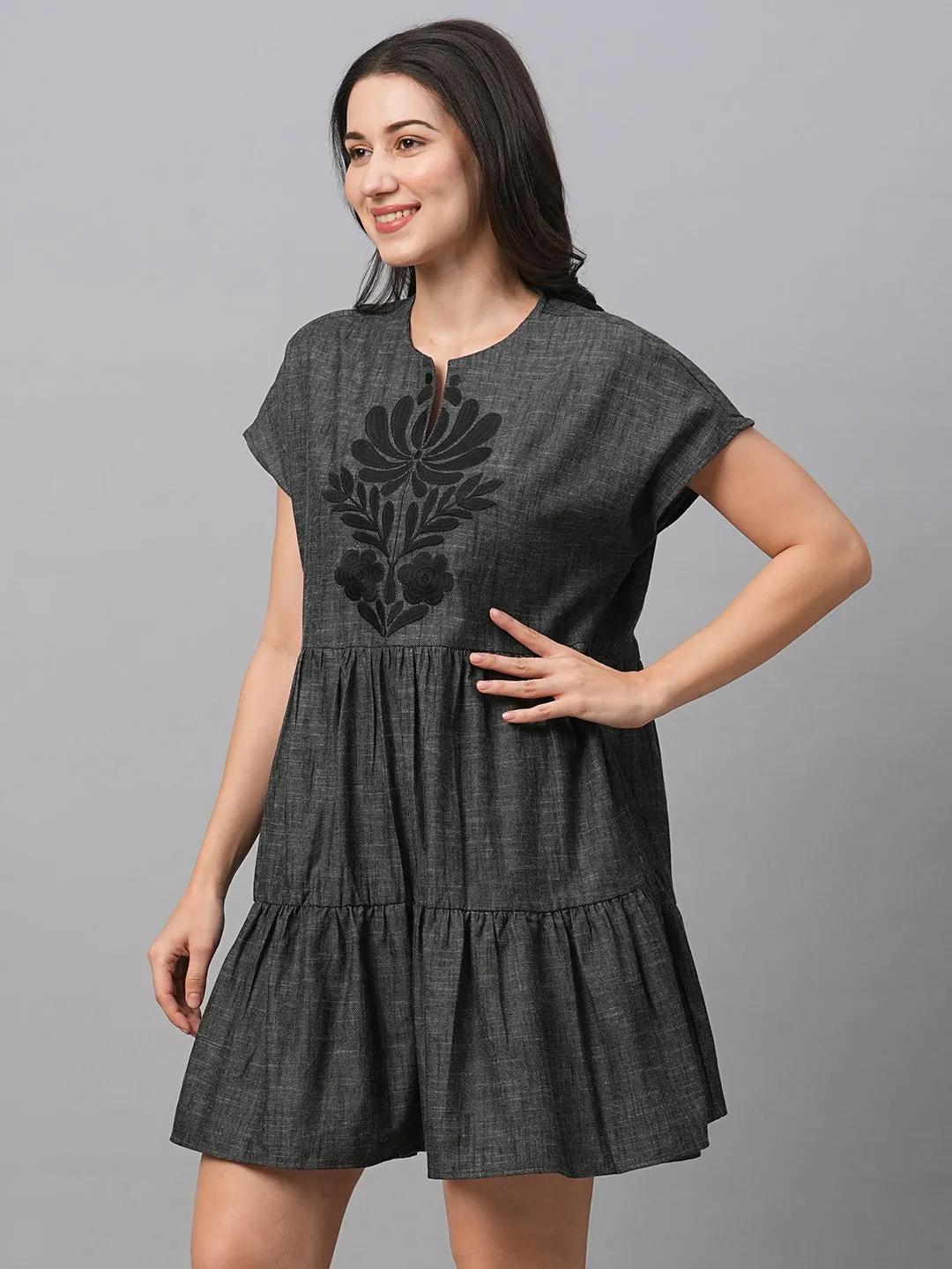 Women's Black Cotton Tiered Dress