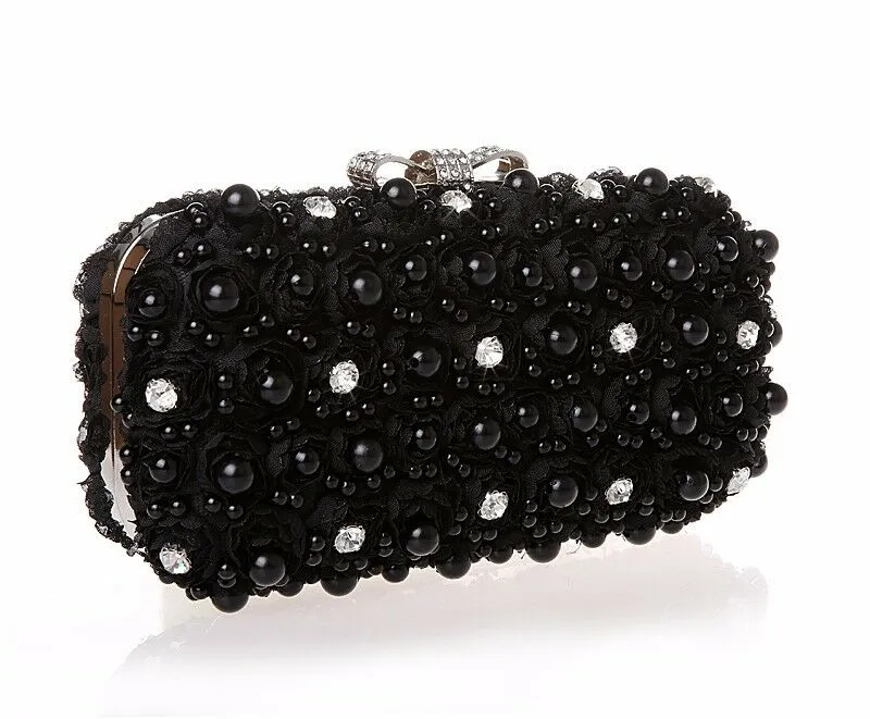 Womens Black Floral Diamante Pearl Clutch Bow Hand Bag Wedding