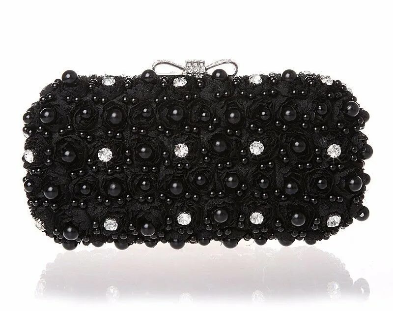 Womens Black Floral Diamante Pearl Clutch Bow Hand Bag Wedding