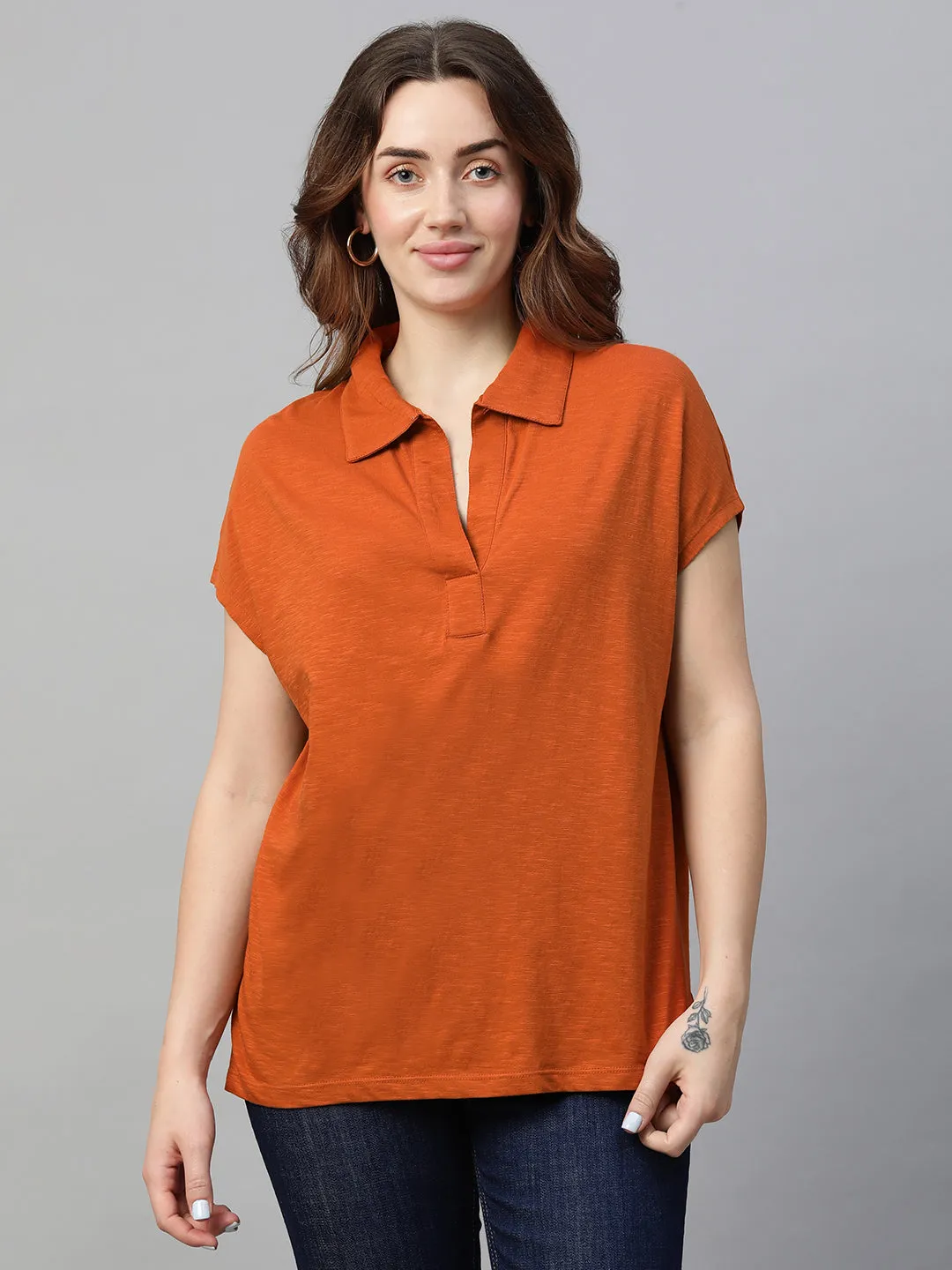 Women's Rust Cotton Regular Fit Tshirts