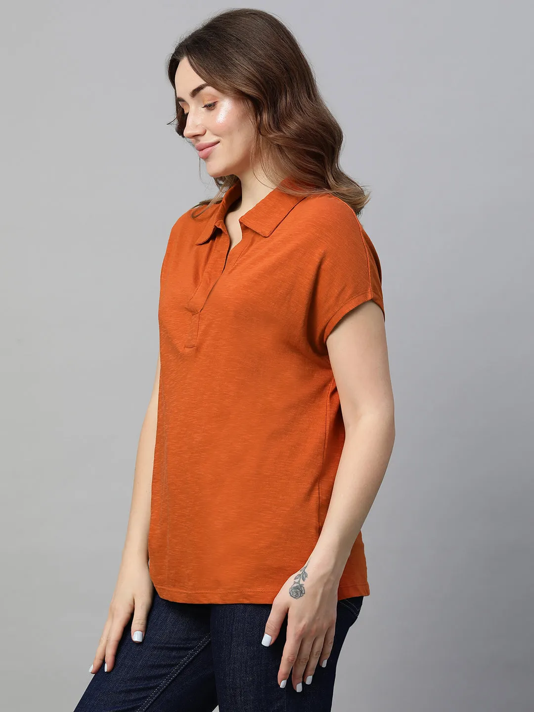 Women's Rust Cotton Regular Fit Tshirts